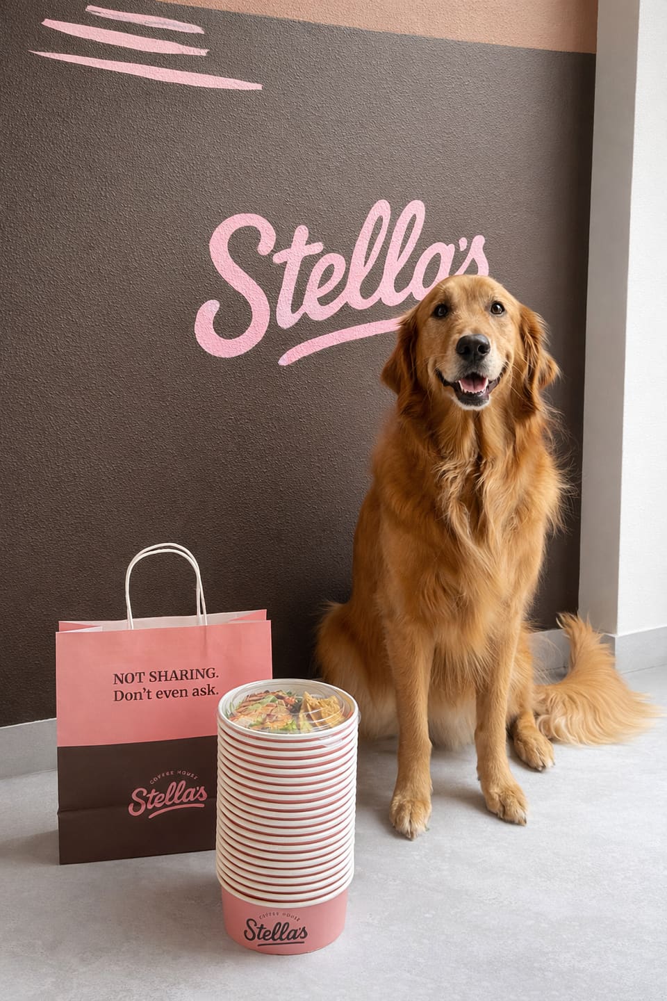 Stella, a golden retriever, sitting beside a stack of Stella's Coffee House cups and a pink paper bag in front of the café's mural wall
